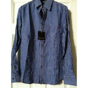 DETAILED MENS NEW BLUE 100%COTTON STRIPED CASUAL SHIRT SIZE: L